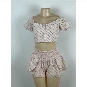 Baby Pink Floral Print Cropped Button Blouse and Shorts Set